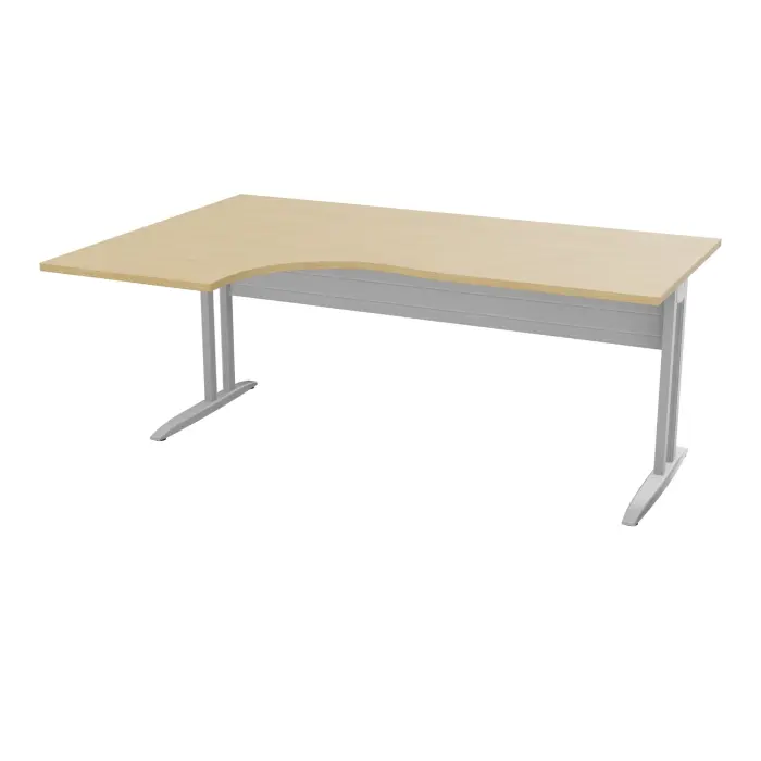 Bureau compact asymétrique 90° IdoL L. 180  x Rt. 60 cm - Retour à gauche décor  mélamine Chêne naturel sur pieds fixes décentrés et voile de fond métallique finition métal lisse gris aluminium sans carter