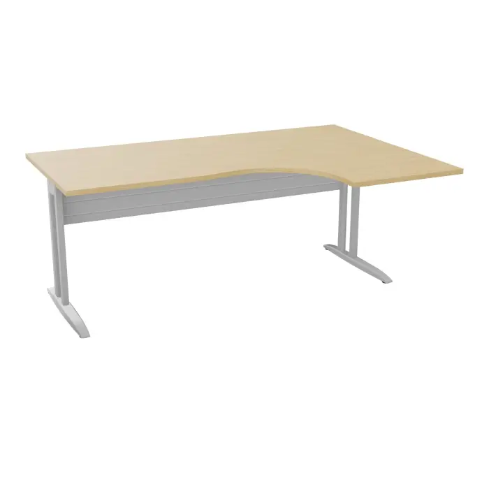 Bureau compact asymétrique 90° IdoL L. 180  x Rt. 60 cm - Retour à droite décor  mélamine Chêne naturel sur pieds fixes décentrés et voile de fond métallique finition métal lisse gris aluminium sans carter