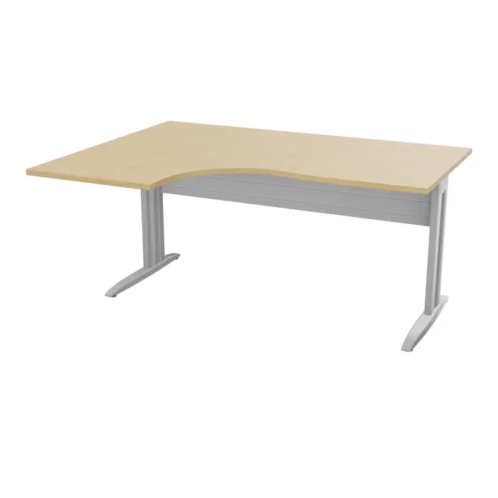Bureau compact asymétrique 90° IdoL L. 160  x Rt. 60 cm et Retour à gauche décor mélamine Chêne naturel sur pieds fixes décentrés et voile de fond métallique finition métal lisse gris aluminium - carter métal l