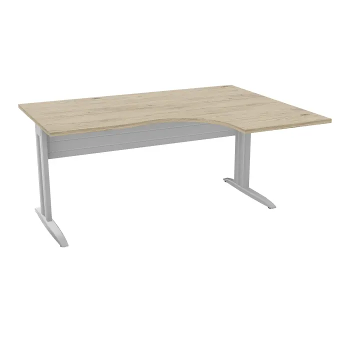 Bureau compact asymétrique 90° IdoL L. 160 x Rt. 60 cm et Retour à droite décor mélamine chêne Brunswick sur pieds fixes décentrés et voile de fond métallique finition métal lisse gris aluminium - carter métal