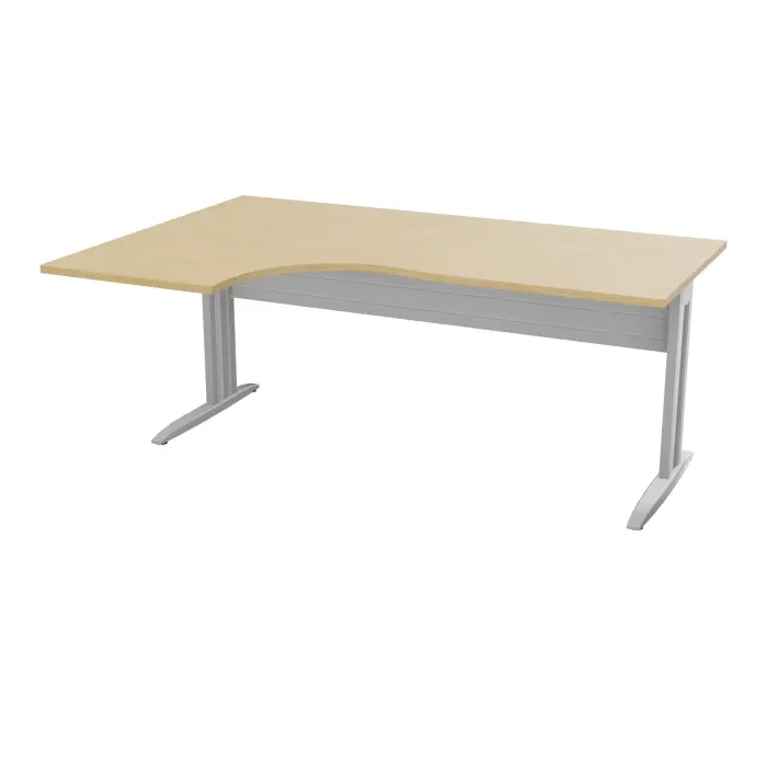 Bureau compact asymétrique 90° IdoL L. 180  x Rt. 60 cm et Retour à gauche décor mélamine Chêne naturel sur pieds fixes décentrés et voile de fond métallique finition métal lisse gris aluminium - carter métal l