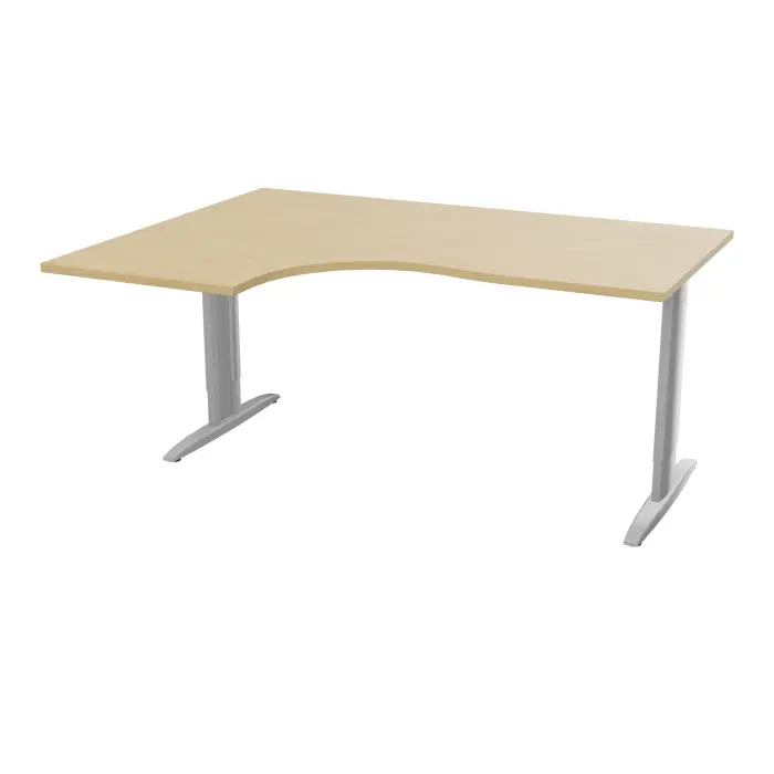Bureau compact asymétrique 90° IdoL L. 160  x Rt. 60 cm et Retour à gauche décor  mélamine Chêne naturel sur pieds I centrés réglables en hauteur et traverse finition métal lisse gris aluminium - carter finitio
