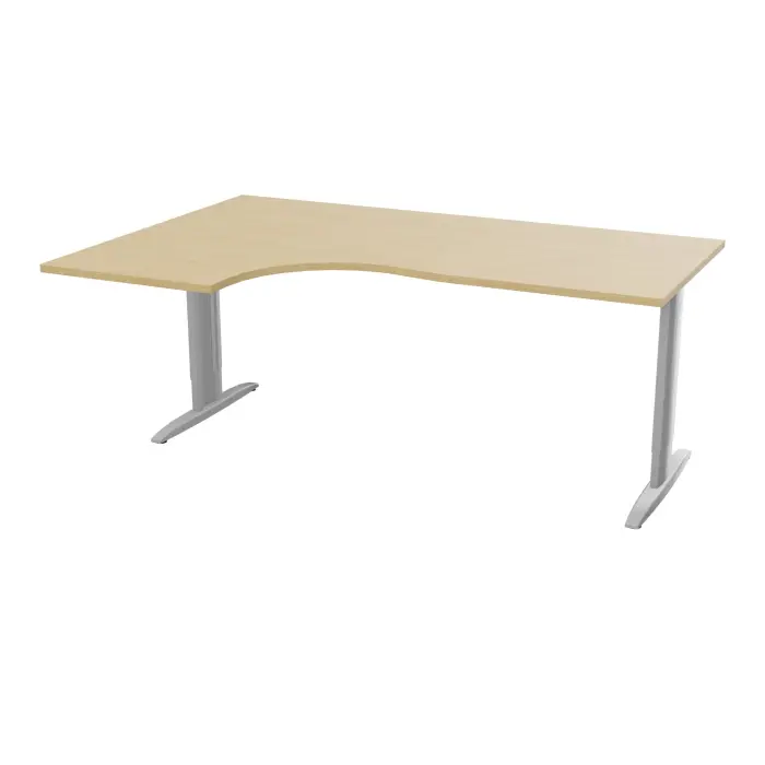 Bureau compact asymétrique 90° IdoL L. 180  x Rt. 60 cm et Retour à gauche décor  mélamine Chêne naturel sur pieds I centrés réglables en hauteur et traverse finition métal lisse gris aluminium - carter finitio