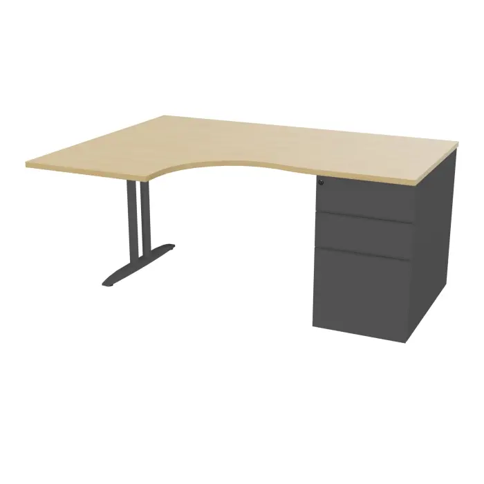 Bureau compact asymétrique 90° IdoL L. 160  x Rt. 60 cm - Retour à gauche décor  mélamine Chêne naturel sur pied fixe centré I finition métal structuré gris anthracite - caisson porteur sans carter