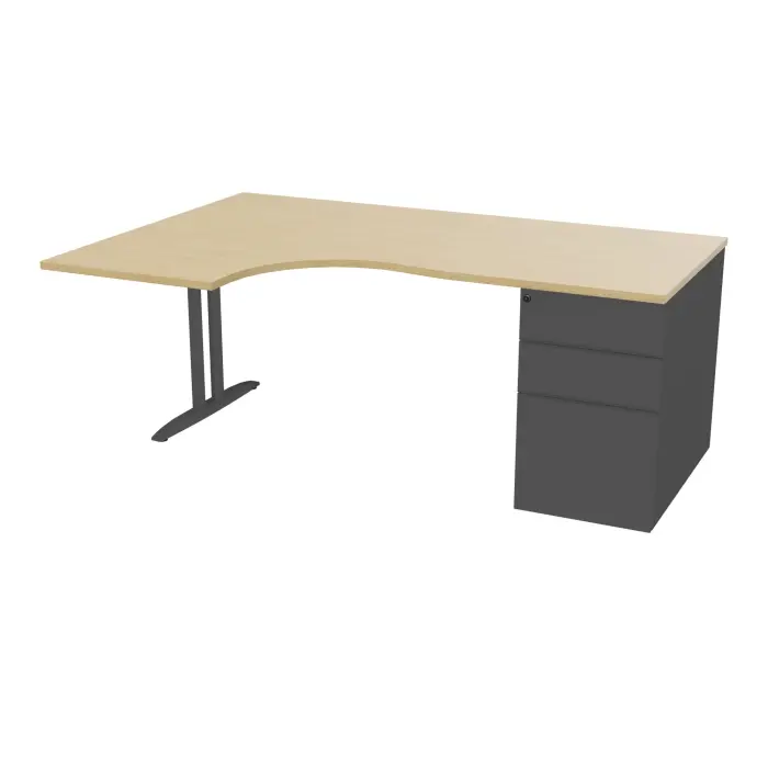 Bureau compact asymétrique 90° IdoL L. 180  x Rt. 60 cm - Retour à gauche décor  mélamine Chêne naturel sur pied fixe centré I finition métal structuré gris anthracite - caisson porteur sans carter