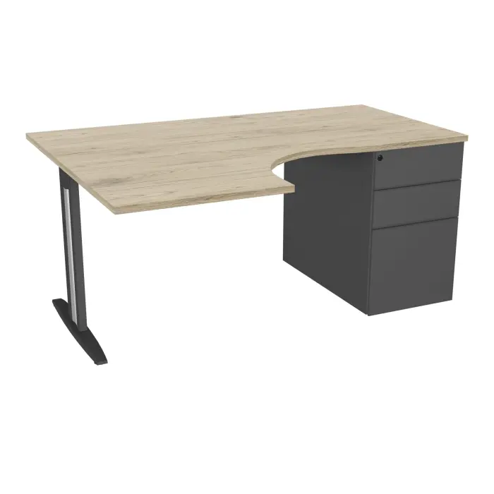 Bureau compact asymétrique 90° IdoL L. 160 x Rt. 60 cm - Retour à gauche décor mélamine chêne Brunswick sur pied fixe centré I finition métal structuré gris anthracite - caisson porteur - carter métal lisse gri