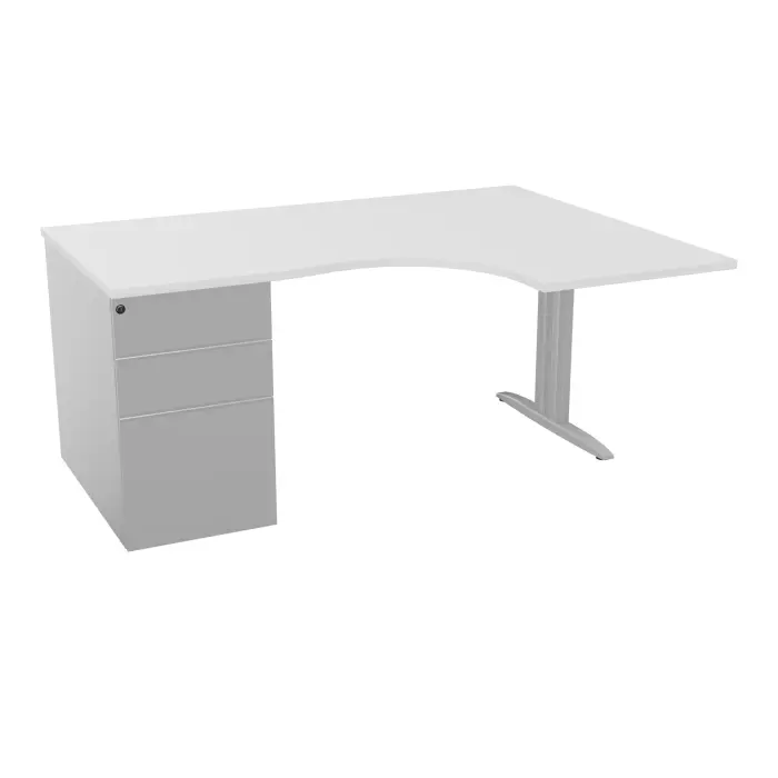 Bureau compact asymétrique 90° IdoL L. 160  x Rt. 60 cm - Retour à droite décor blanc neige sur pied fixe centré I finition gris aluminium - caisson porteur - carter finition gris aluminium