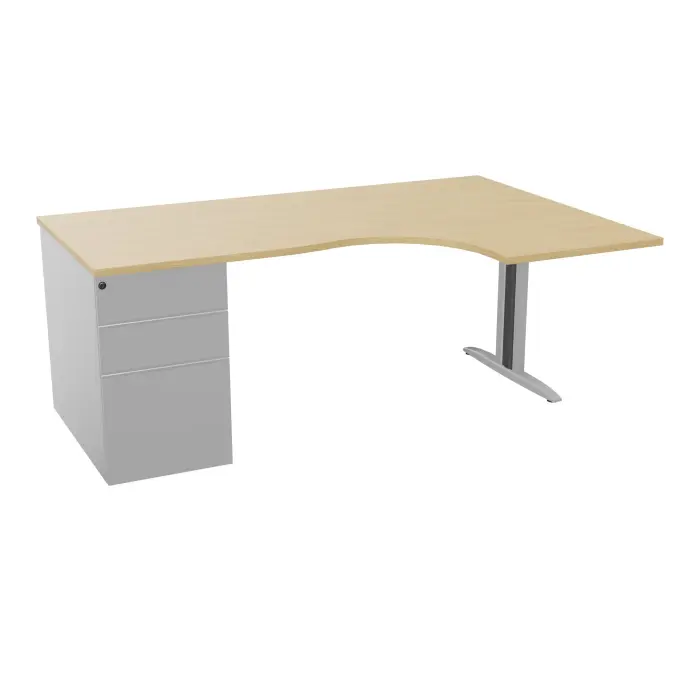 Bureau compact asymétrique 90° IdoL L. 180  x Rt. 60 cm - Retour à droite décor mélamine Chêne naturel sur pied fixe centré I finition métal lisse gris aluminium - caisson porteur - carter métal structuré gris