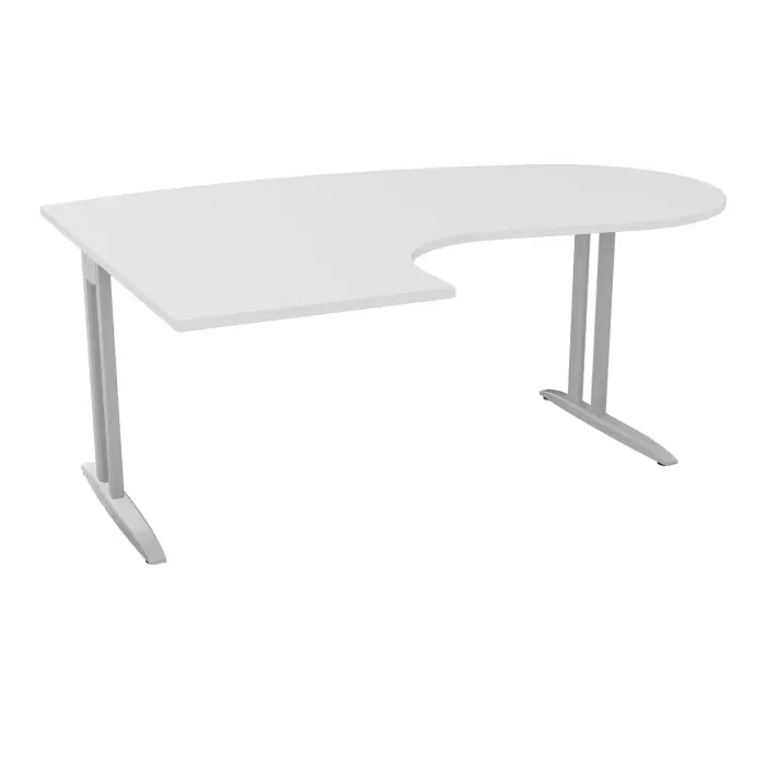 Bureau compact convivial 90° IdoL L. 180 x Rt 60 cm - retour à gauche décor blanc neige sur pieds L fixes décentrés finition gris aluminiumavec traverse - sans carter
