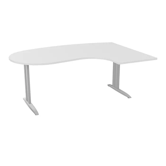 Bureau compact convivial 90° IdoL L. 180 x Rt 60 cm - retour à droite décor blanc neige sur pieds L fixes décentrés gris aluminium avec traverse  - carter finition gris aluminium