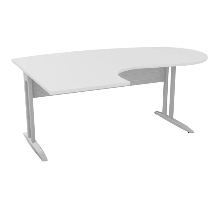Bureau compact convivial 90° IdoL L. 180  x Rt. 60 cm - Retour à gauche décor blanc neige sur pieds fixes décentrés et voile de fond métallique finition gris aluminium sans carter