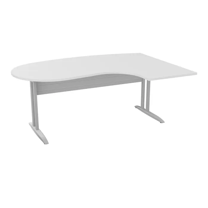 Bureau compact convivial 90° IdoL L. 180  x Rt. 60 cm - Retour à droite décor blanc neige sur pieds fixes décentrés et voile de fond métallique finition gris aluminium sans carter