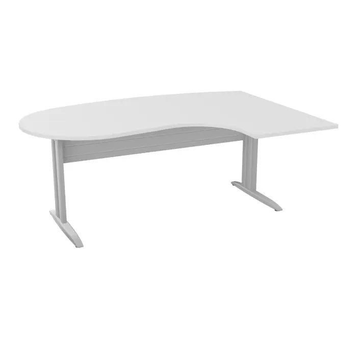 Bureau compact convivial 90° IdoL L. 180  x Rt. 60 cm et Retour à droite décor blanc neige sur pieds fixes décentrés et voile de fond métallique finition gris aluminium - carter gris aluminium