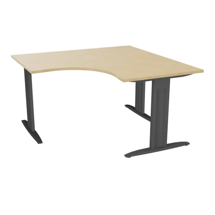 Bureau compact symétrique 90° IdoL L. 140 x L. 140 x Rt 80 cm - retour à droite décor mélamine Chêne naturel prépercé obturateur sur pieds I fixes centrés métal structuré gris anthracite avec traverse  - carter