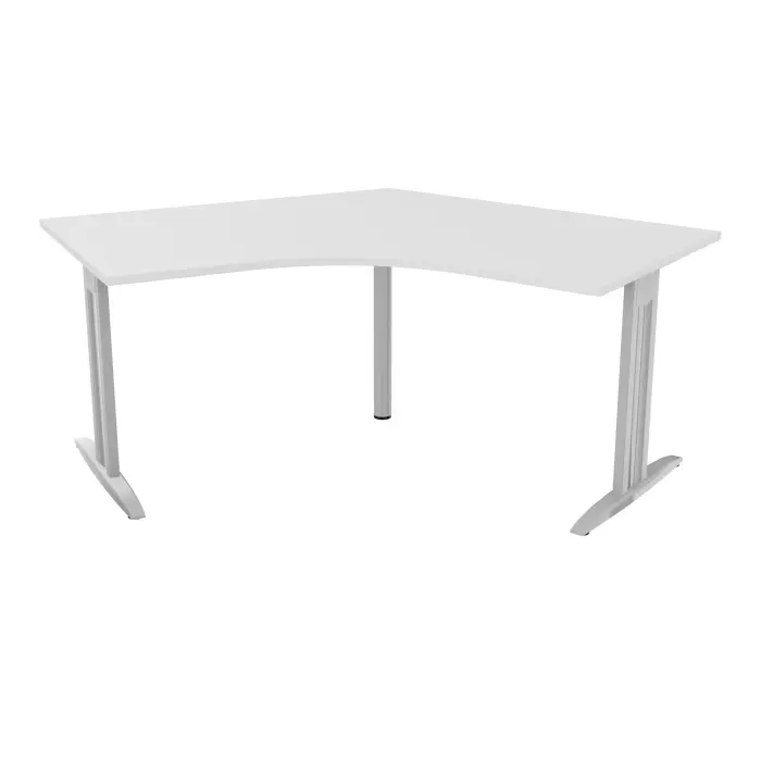 Bureau compact symétrique 120° IdoL L. 120 x L. 120 x Rt 80 cm décor mélamine blanc neige prépercé obturateur sur pieds I fixes centrés finition métal lisse gris aluminium avec traverse - carter métal lisse gri