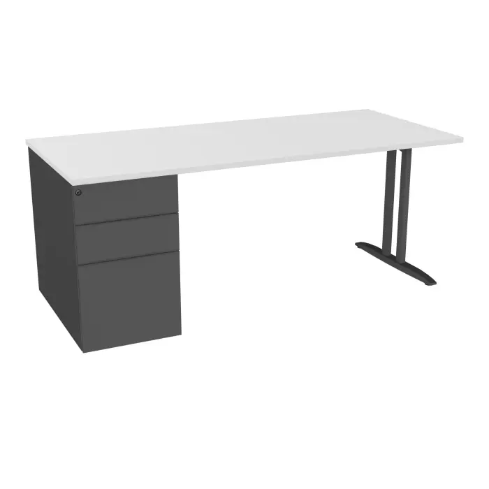 Table de bureau rectangulaire IdoL L. 180  x P. 80 cm décor blanc neige sur pied I fixe centré sans carter finition gris anthracite et caisson porteur à gauche assorti