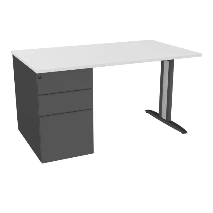 Table de bureau rectangulaire IdoL L. 140  x P. 80 cm décor blanc neige sur pied I fixe centré finition gris anthracite avec caisson porteur à gauche assorti et carter gris aluminium