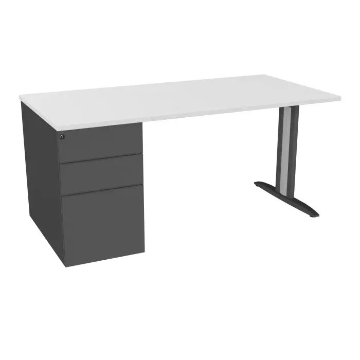 Table de bureau rectangulaire IdoL L. 160  x P. 80 cm décor blanc neige sur pied I fixe centré finition gris anthracite avec caisson porteur à gauche assorti et carter gris aluminium