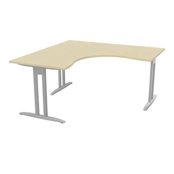 Bureau compact symétrique 90° IdoL L. 160 x L. 160 x Rt 80 cm - retour à gauche décor mélamine pin maritime prépercé obturateur sur pieds I fixes centrés finition métal lisse gris aluminium avec traverse - sans