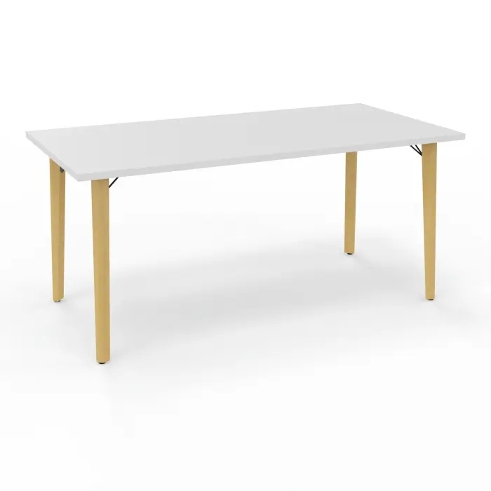 Robin table L. 160 cm x P. 80 cm mélamine blanc neige pré-percé pour obturateur pieds métal lisse noir/bois hêtre massif vernis