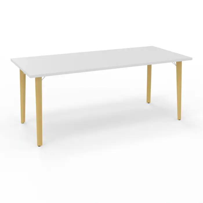 Robin table L. 180 cm x P. 80 cm mélamine blanc neige pré-percé pour obturateur pieds métal lisse blanc/bois hêtre massif vernis