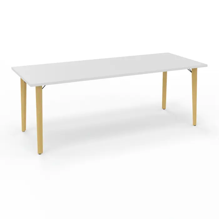 Robin table L. 200 cm x P. 80 cm mélamine blanc neige pré-percé pour obturateur pieds métal lisse noir/bois hêtre massif vernis