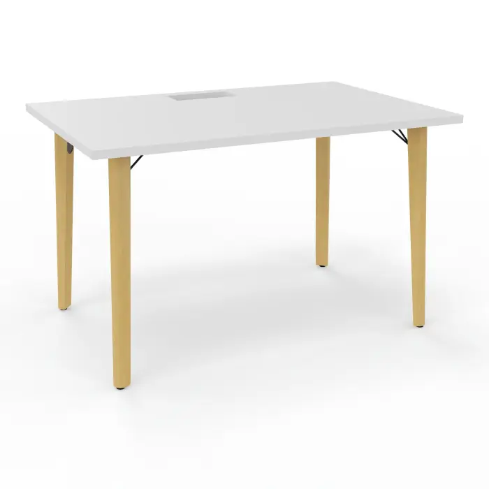 Robin table L. 120 cm x P. 80 cm mélamine blanc neige découpé trappe simple accès pieds métal lisse noir/bois hêtre massif vernis + goulotte