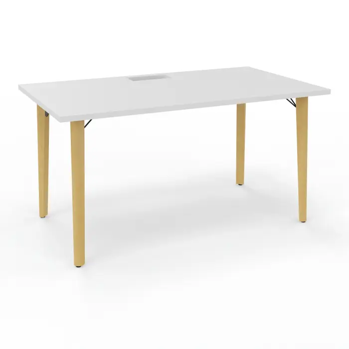 Robin table L. 140 cm x P. 80 cm mélamine blanc neige découpé trappe simple accès pieds métal lisse noir/bois hêtre massif vernis + goulotte