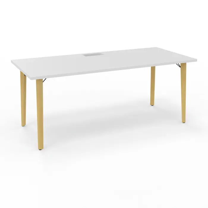 Robin table L. 180 cm x P. 80 cm mélamine blanc neige découpé trappe simple accès pieds métal lisse noir/bois hêtre massif vernis + goulotte