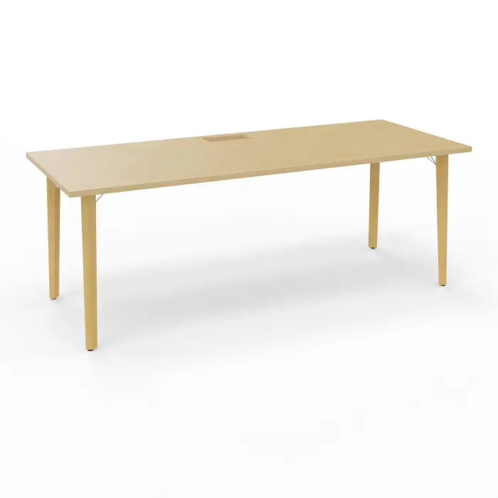 Robin table L. 200 cm x P. 80 cm Chêne naturel découpé trappe simple accès pieds métal lisse blanc/bois hêtre massif vernis + goulotte