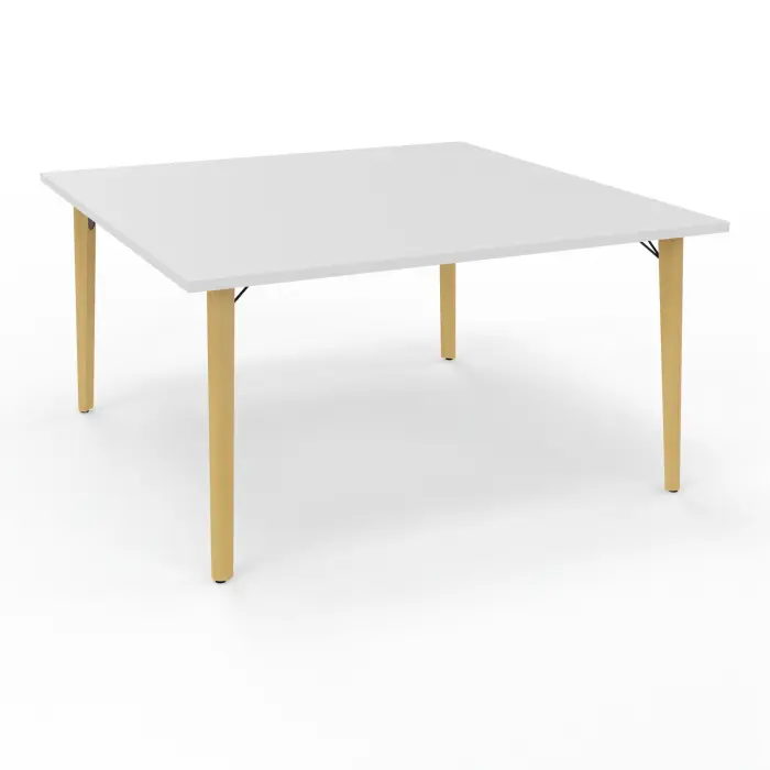 Robin table départ monoplateau L. 140 cm x P. 142 cm mélamine blanc neige pré-percé 4 obturateurs 4 pieds métal lisse noir/bois hêtre massif vernis