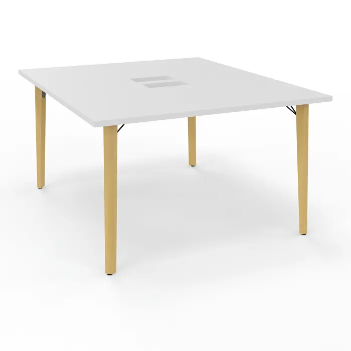 Robin table départ monoplateau L. 120 cm x P. 142 cm mélamine blanc neige découpé 2 trappes simple accès 4 pieds métal lisse noir/bois hêtre massif vernis + goulotte double