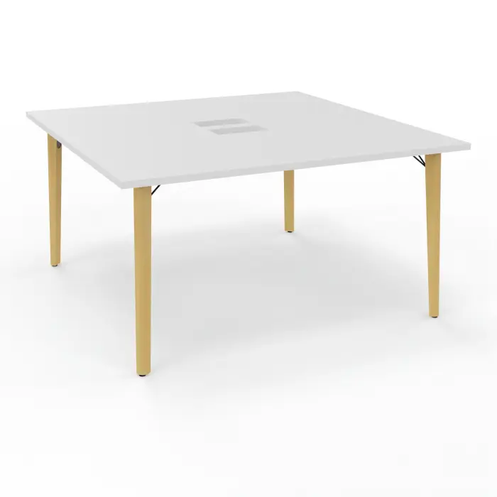 Robin table départ monoplateau L. 140 cm x P. 142 cm mélamine blanc neige découpé 2 trappes simple accès 4 pieds métal lisse noir/bois hêtre massif vernis + goulotte double
