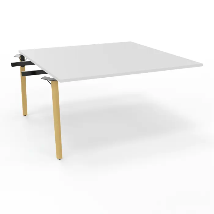 Robin table suivant monoplateau L. 140 cm x P. 142 cm mélamine blanc neige pré-percé 4 obturateurs 4 pieds métal lisse noir/bois hêtre massif vernis