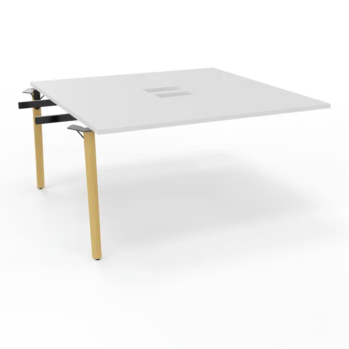 Robin table suivant monoplateau L. 140 cm x P. 142 cm mélamine blanc neige découpé 2 trappes simple accès 4 pieds métal lisse noir/bois hêtre massif vernis + goulotte double