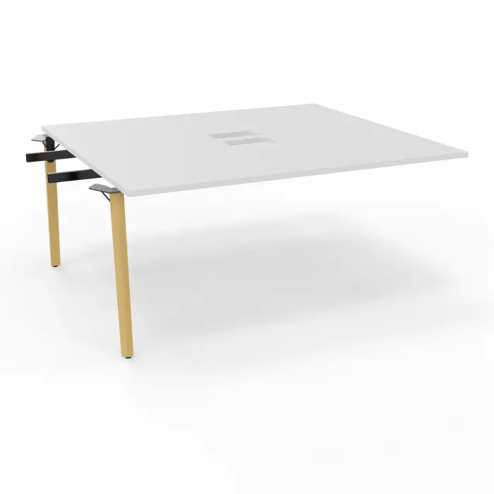 Robin table suivant monoplateau L. 160 cm x P. 142 cm mélamine blanc neige découpé 2 trappes simple accès 4 pieds métal lisse noir/bois hêtre massif vernis + goulotte double