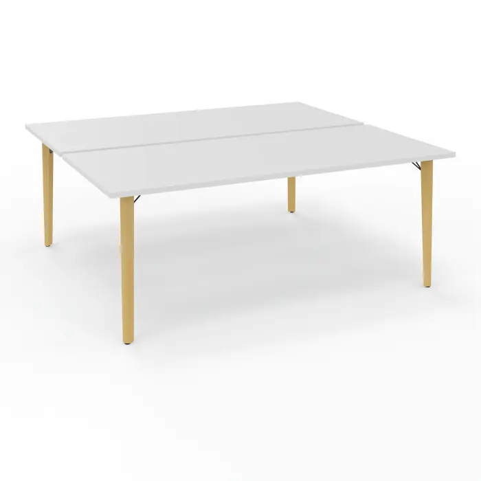 Robin tables départ doubles 2 plateaux L. 80 cm L. 180 cm x P. 165 mélamine blanc neige pré-percé obturateurs 4 pieds métal lisse noir/bois hêtre massif vernis