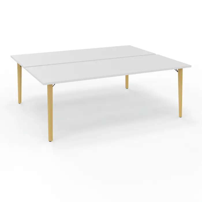 Robin tables départ doubles 2 plateaux L. 80 cm L. 200 cm x P. 165 mélamine blanc neige pré-percé obturateurs 4 pieds métal lisse noir/bois hêtre massif vernis