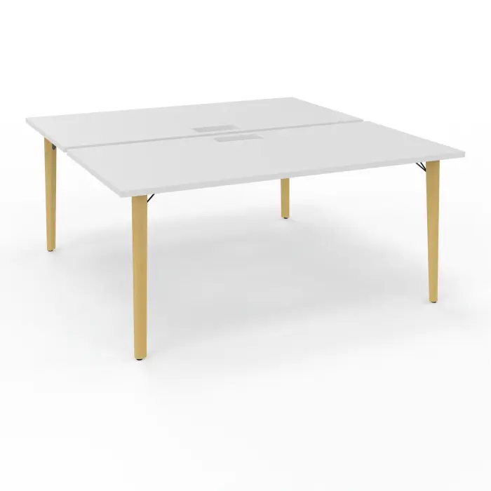 Robin tables départ doubles 2 plateaux L. 80 cm L. 160 cm x P. 165 mélamine blanc neige découpe trappe simple accès 4 pieds métal lisse noir/bois hêtre massif vernis