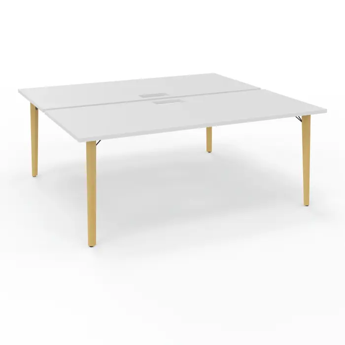 Robin tables départ doubles 2 plateaux L. 80 cm L. 180 cm x P. 165 mélamine blanc neige découpe trappe simple accès 4 pieds métal lisse noir/bois hêtre massif vernis