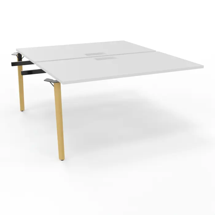 Robin tables suivant doubles 2 plateaux L. 80 cm L. 140 cm x P. 165 mélamine blanc neige découpe trappe simple accès 4 pieds métal lisse noir/bois hêtre massif vernis