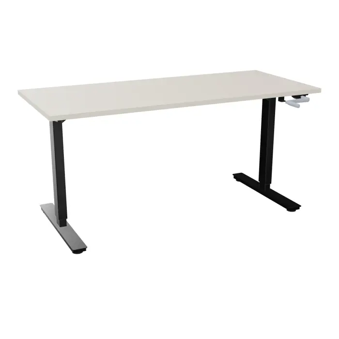 Axel 2 Bureau rectangulaire L. 160 x P. 70 cm plateau prépercé obt ep. 25 mm mélamine lin structure métal lisse noir réglable en hauteur par manivelle