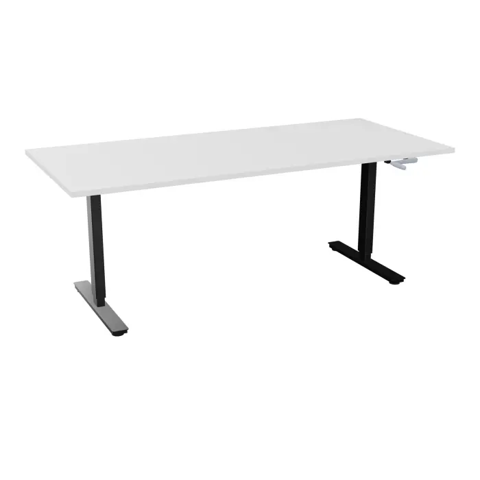 Axel 2 Bureau rectangulaire L. 200 x P. 90 cm plateau prépercé obt ep. 25 mm mélamine blanc neige structure métal lisse noir réglable en hauteur par manivelle