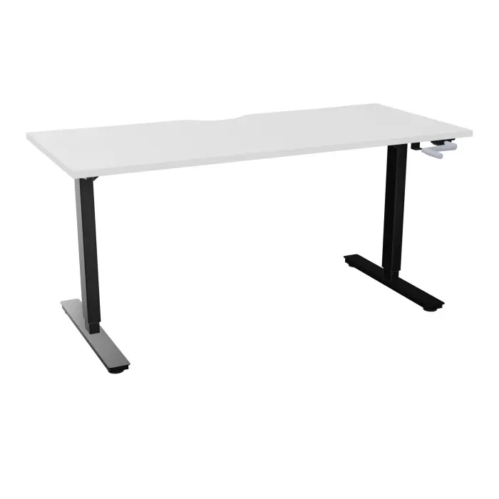 Axel 2 Bureau rectangulaire L. 160 x P. 70 cm plateau échancrure ep. 25 mm mélamine blanc neige structure métal lisse noir réglable en hauteur par manivelle