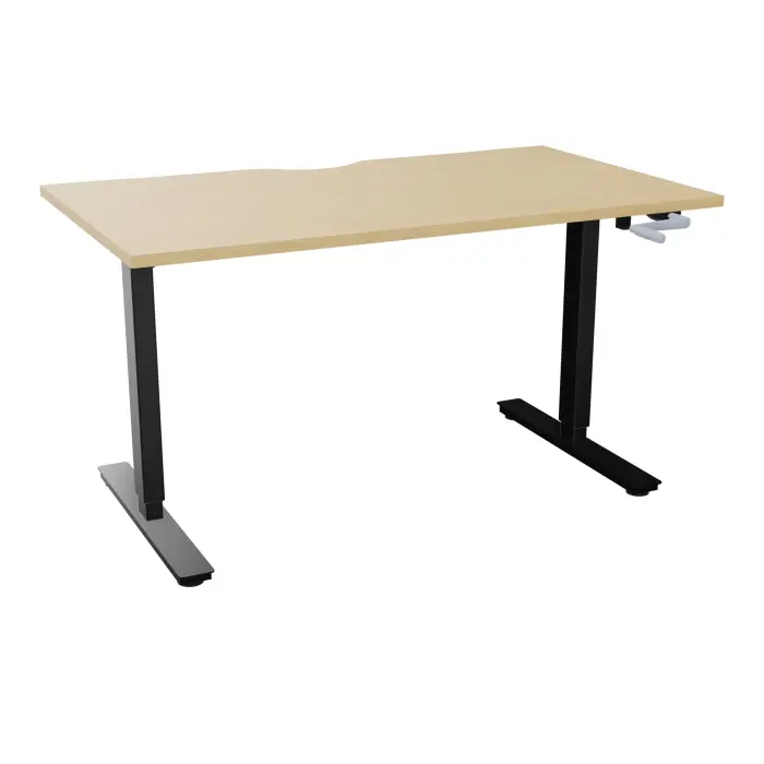 Axel 2 Bureau rectangulaire L. 140 x P. 80 cm plateau échancrure ep. 25 mm mélamine Chêne naturel structure métal lisse noir réglable en hauteur par manivelle