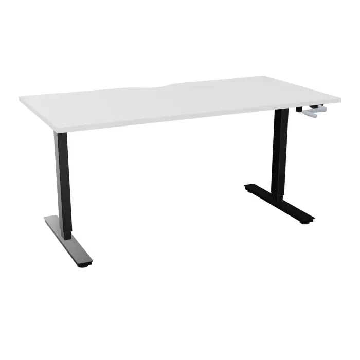 Axel 2 Bureau rectangulaire L. 160 x P. 80 cm plateau échancrure ep. 25 mm mélamine blanc neige structure métal lisse noir réglable en hauteur par manivelle