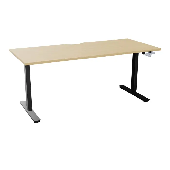 Axel 2 Bureau rectangulaire L. 180 x P. 80 cm plateau échancrure ep. 25 mm mélamine Chêne naturel structure métal lisse noir réglable en hauteur par manivelle