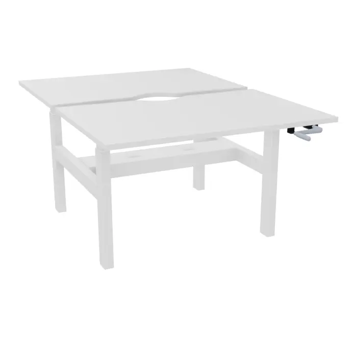Axel 2 Bench 2 x rect L. 120 x P. 80 plateaux échancrure ép. 25 mm mélamine blanc neige structure métal lisse blanc réglable en hauteur par manivelle