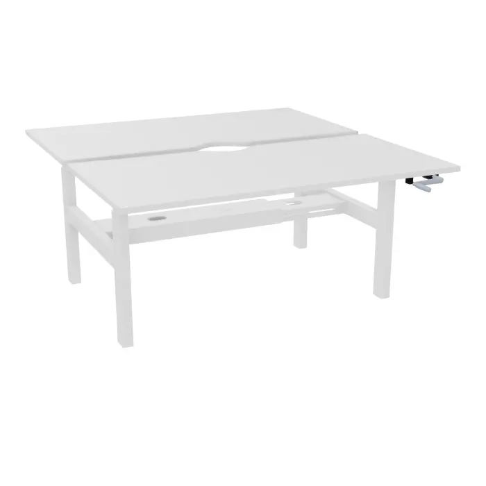 Axel 2 Bench 2 x rect L. 160 x P. 80 plateaux échancrure ép. 25 mm mélamine blanc neige structure métal lisse blanc réglable en hauteur par manivelle