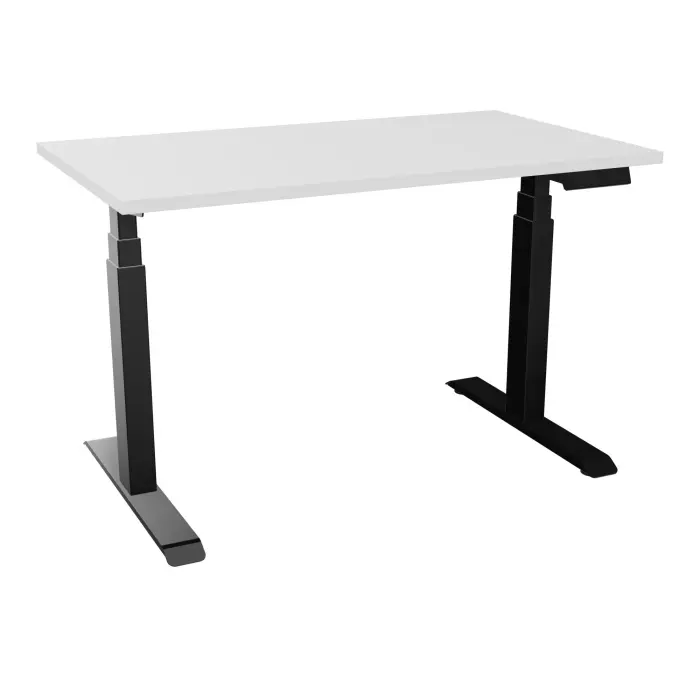 AXEL 2 Bureau rectangulaire L. 120 x P. 70 plateau prépercé obt ep. 25 mm mélamine blanc neige structure métal lisse noir motorisé boitier 4 utilisateurs x 2 mémoires + USB